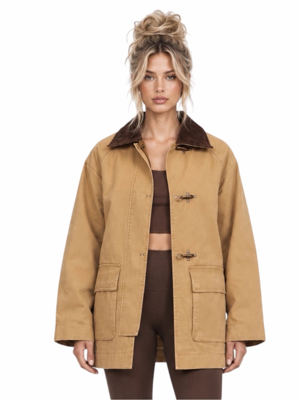 Mango – Pockets Cotton Parka Barn Jacket – Corduroy Collar – Brown – Sz. L